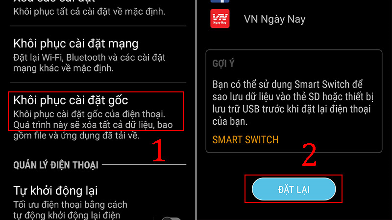 Bấm vào Khôi phục cài đặt gốc và Đặt lại để hoàn tất quá trình khôi phục